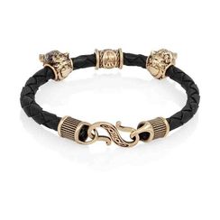 Браслет гайтан черный 5 мм с руной Альгиз и двумя шармами Волк Бронза