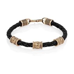 Браслет гайтан черный 5 мм с тремя рунами Феху Бронза