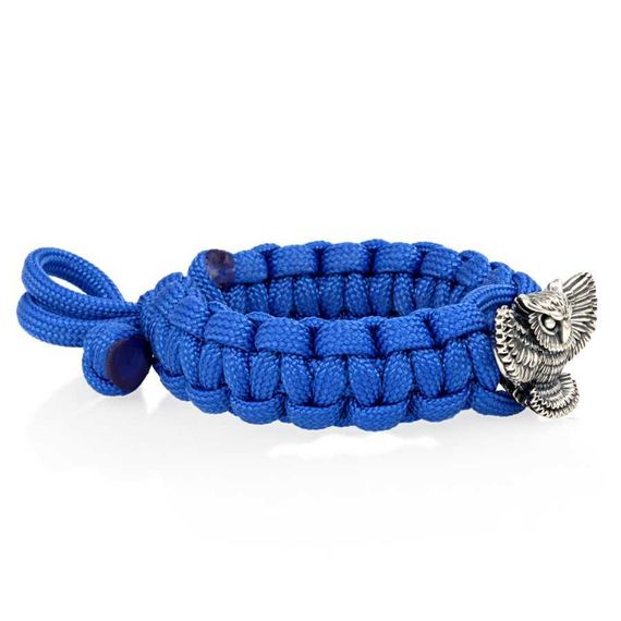 Браслет из синего паракорда с шармом Сова из серебра 925, вид полубоком