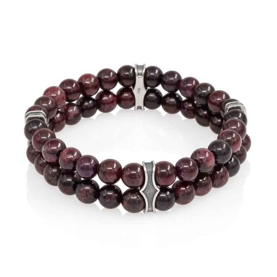 Двойной браслет из граната 6 мм с шармами из серебра, вид 1