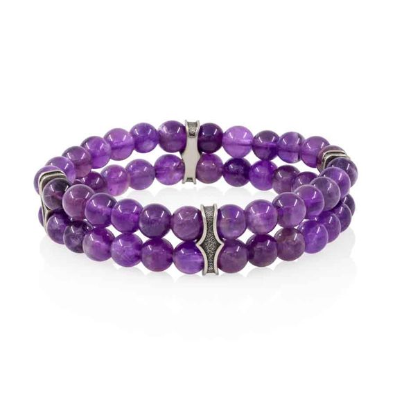 Браслет двойной из натуральных камней аметиста 6 мм с шармами из мельхиора, фото 1