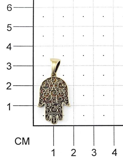 Фотография кулона рука Фатимы (Хамса) на размерной сетке в масштабе, вид сзади.