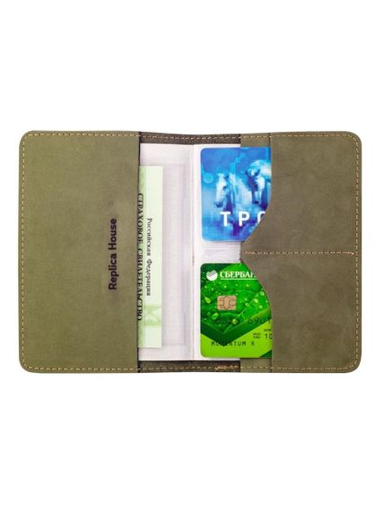 Фото обложки для паспорта Тигр из зеленого нубука, в развернутом виде с наполнением.