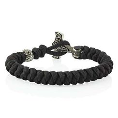 Браслет из чёрного паракорда с молотом Тора Мьёльнир и медведем из мельхиора