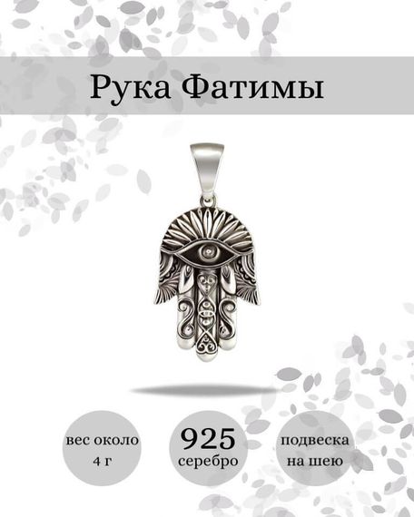 Подвеска Рука Фатимы Хамса из серебра 925 пробы, фото с инфографикой