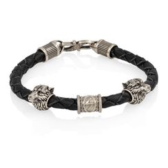 Браслет гайтан черный 5 мм с руной Соулу и двумя шармами Волк Мельхиор