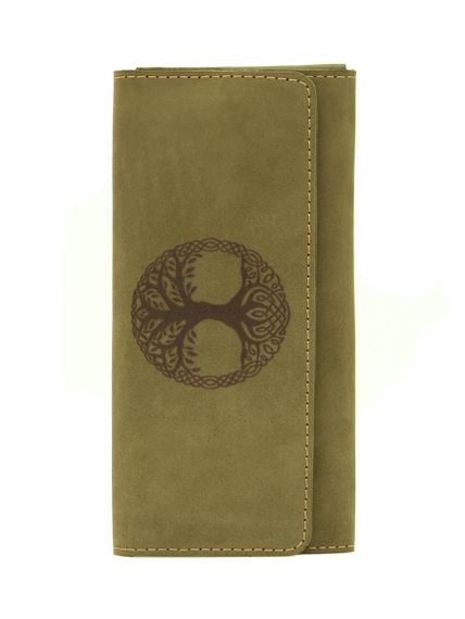 Фото функционального кошелька Древо жизни из светло зеленого нубука, вид фасад.