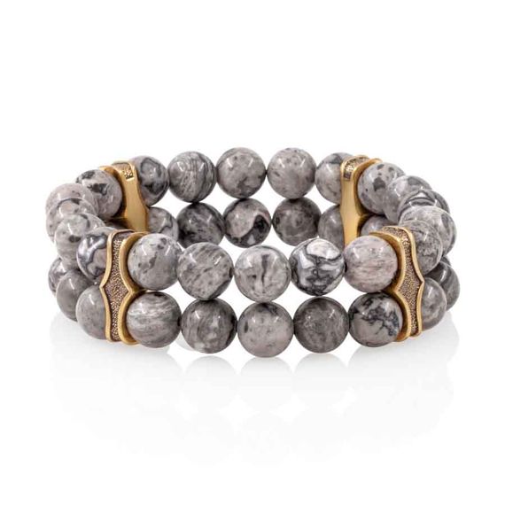 Двойной браслет из натуральных камней яшмы серой 8 мм с шармами из бронзы, фото 2