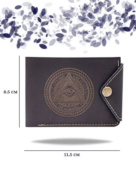 Фото функционального портмоне Всевидящее Око из синей кожи койот Инфографика Размеры