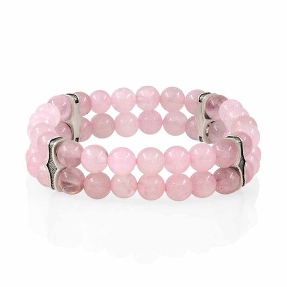 Двойной браслет из натурального камня розового кварца 6 мм с шармами из мельхиора, фото 2