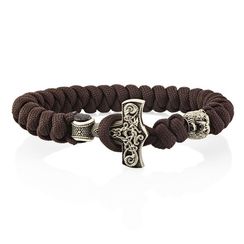 Браслет из темно-коричневого паракорда с молотом Тора Мьёльнир и медведем из мельхиора