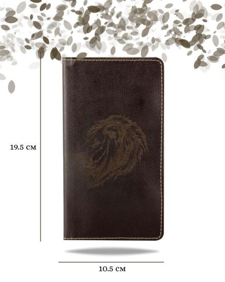 Фото функционального высокого кошелька Лев из темно-коричневой кожи Инфографика Размеры