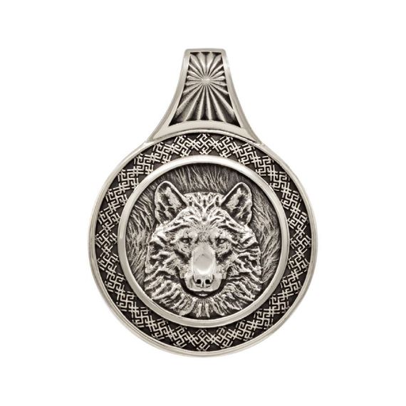 Оберег с символом Велеса и волком большой - подвеска из мельхиора, фото 1