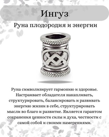 Шарм Ингуз из серебра 925 пробы, фото с инфографикой описания.