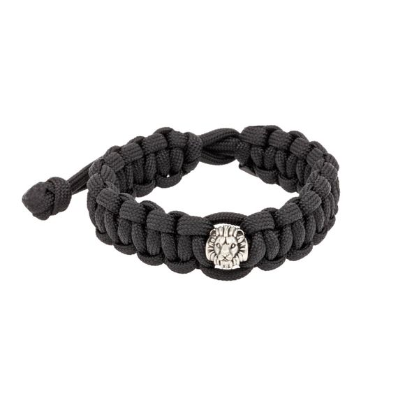 Браслет с шармом Лев из мельхиора - чёрный паракорд, фото 1