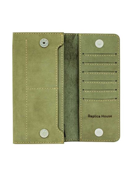 Фото функционального кошелька Цветок жизни из зеленого нубука, развернутый вид без наполнения.