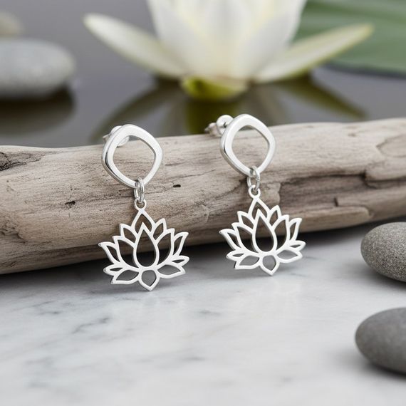 Серьги-пусеты с подвеской Лотос из серебра 925 пробы, живое фото 1