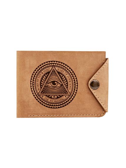 Фото компактного портмоне Всевидящее Око из светло-коричневого нубука, в сложенном виде.