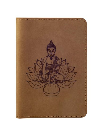 Обложка для паспорта Будда на цветке лотоса из нубука светло коричневого цвета.