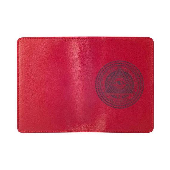 Изображение развернутой обложки для паспорта из натуральной кожи красного цвета с всевидящим оком.