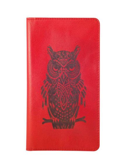 Фото функционального высокого кошелька Сова из красной кожи, вид фасад.