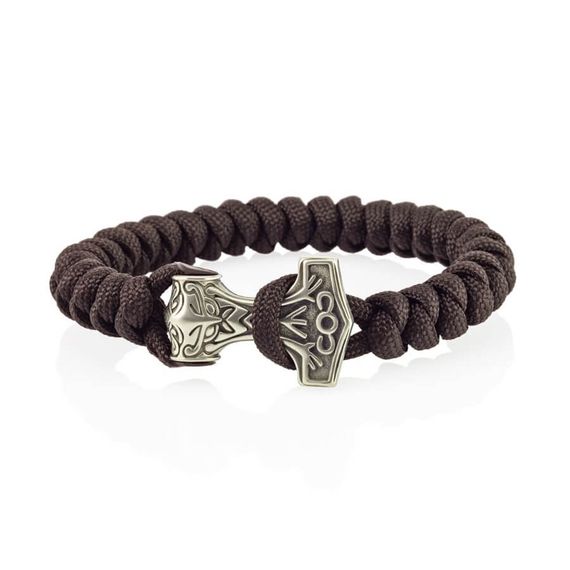 Браслет из тёмно-коричневого паракорда с молотом Тора из мельхиора, фото 1
