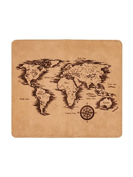 Фото функционального кошелька Карта мира из светло-коричневого нубука в развёрнутом виде.