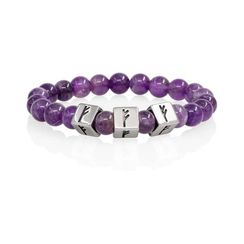 Браслет Изобилие и рост из натурального аметиста с 3 рунами Феху в форме куба из серебра 925