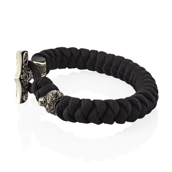 Браслет из чёрного паракорда с молотом Тора Мьёльнир и медведем из мельхиора, фото 3