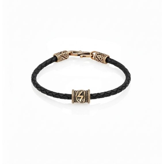 Браслет гайтан из натуральной кожи с руной Соулу бронза, фото 1
