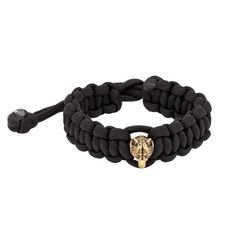 Браслет с шармом Волк из бронзы - чёрный паракорд