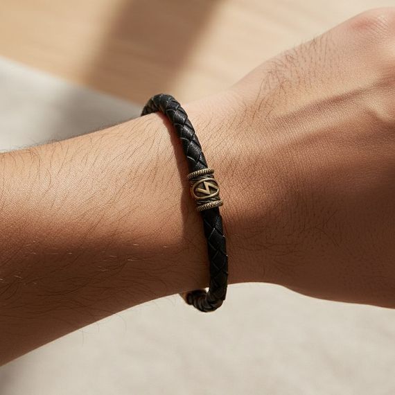 Браслет гайтан из натуральной кожи с руной Соулу бронза, живое фото 1