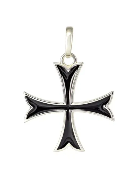 Фотография подвески мальтийского креста из серебра 925 пробы с черной эмалью, вид в профиль.