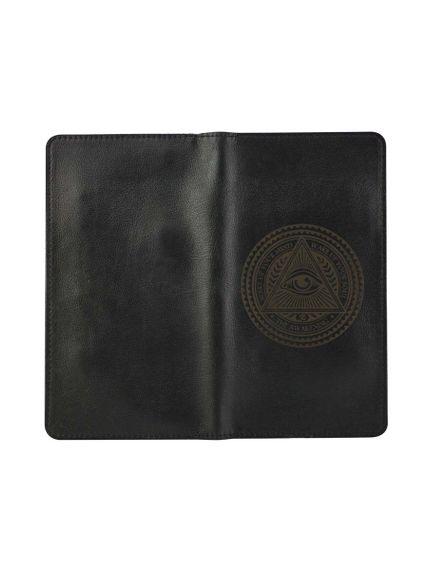Фото функционального кошелька Всевидящее Око из черной кожи, вид сзади.