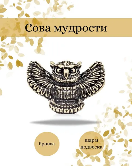 Шарм Сова большая из бронзы, фото с инфографикой