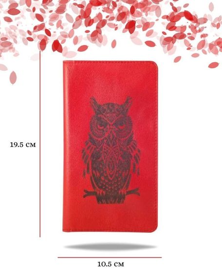 Фото функционального высокого кошелька Сова из красной кожи Инфографика Размеры