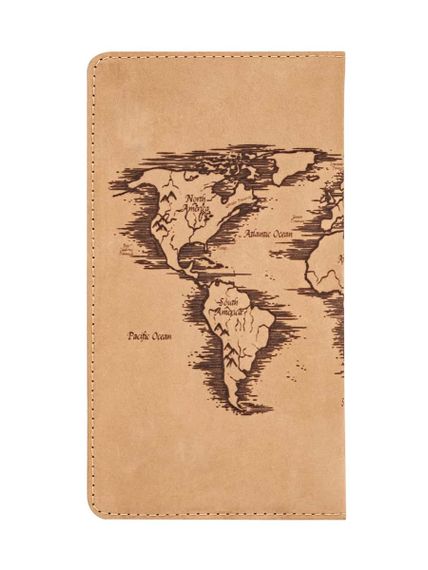 Фото функционального кошелька Карта мира из светло-коричневого нубука, вид сзади.