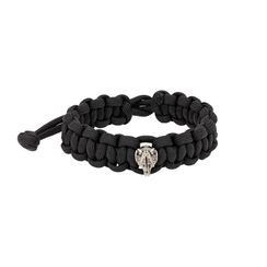 Браслет с шармом Волк из мельхиора - чёрный паракорд