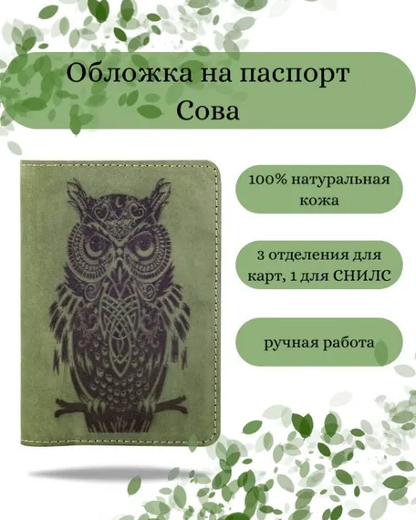 Обложка на паспорт Сова зеленого цвета, фото с инфографикой