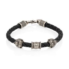 Браслет гайтан черный 5 мм с руной Альгиз и двумя шармами Медведь Мельхиор