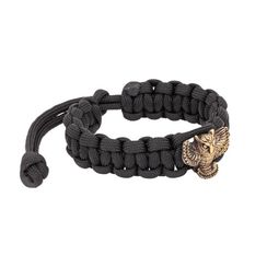 Браслет с шармом Сова из бронзы - чёрный паракорд