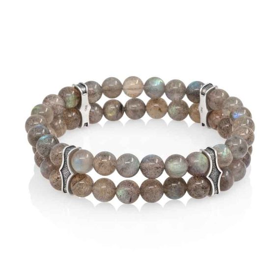 Двойной браслет из лабрадора 6 мм с шармами из серебра, вид 2