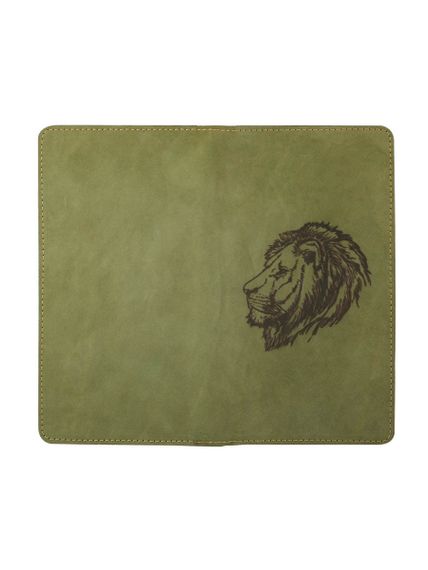Фото высокого кошелька Лев из зеленого нубука в развёрнутом виде.