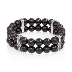 Двойной браслет из черного кварца 8 мм с шармами из мельхиора