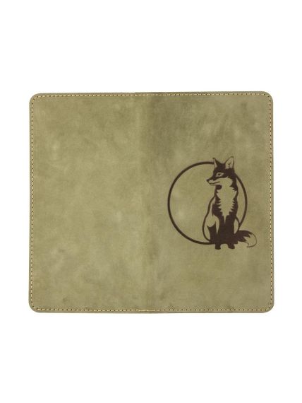 Фото высокого кошелька Лиса из зеленого нубука в развёрнутом виде.