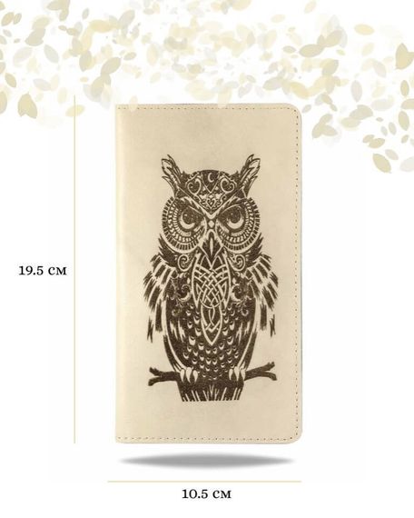 Фото функционального высокого кошелька Сова из молочной кожи Инфографика Размеры