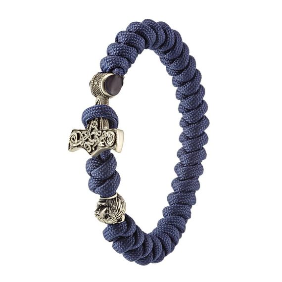 Браслет из синего паракорда с молотом Тора Мьёльнир и медведем из мельхиора, фото 5
