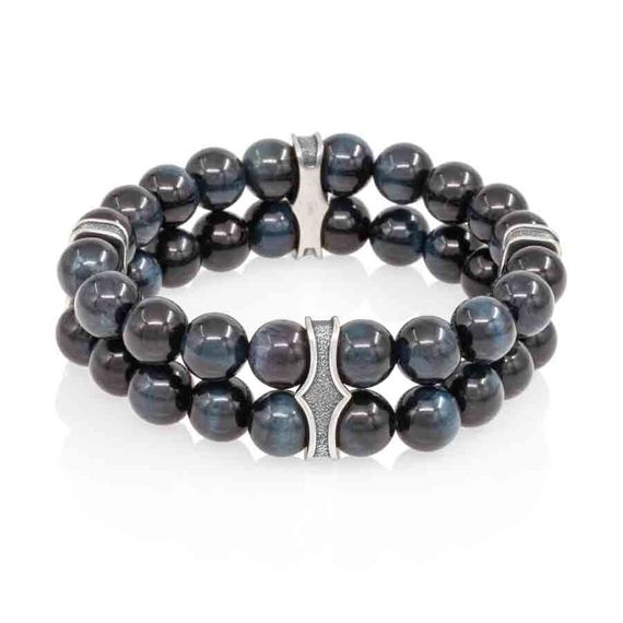 Двойной браслет из соколиного глаза 8 мм с шармами из серебра, вид 1