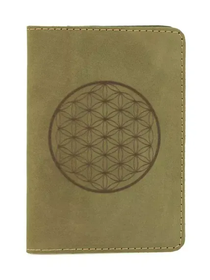 Фото обложка для паспорта Цветок жизни из светло зеленого нубука, в сложенном виде.