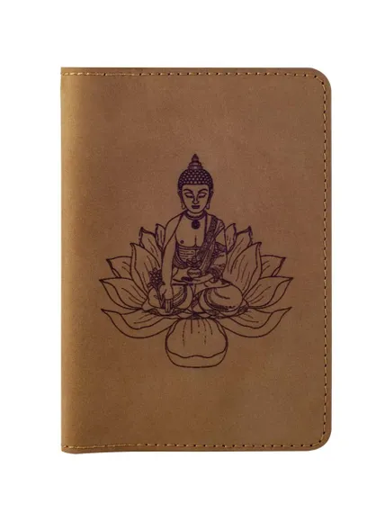 Обложка для паспорта Будда на цветке лотоса из нубука светло коричневого цвета.